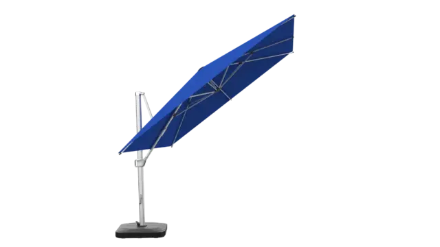 The Tevere cantilever umbrella demonstrating its tilting function, with the blue canopy angled to block the sun from a lower position.