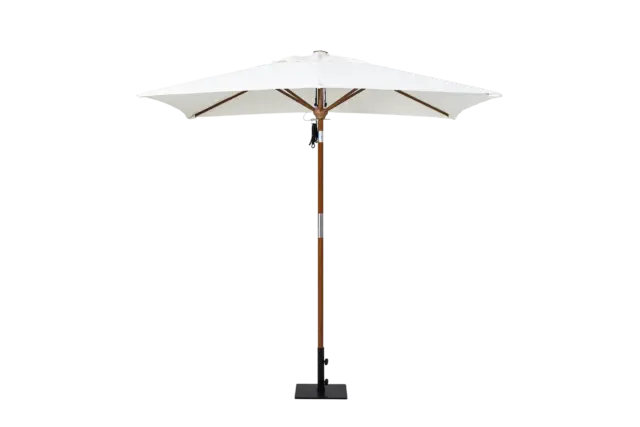 The Amazon market umbrella shown fully open, featuring a durable wood-finish frame, a classic white octagonal canopy, and a sturdy base.