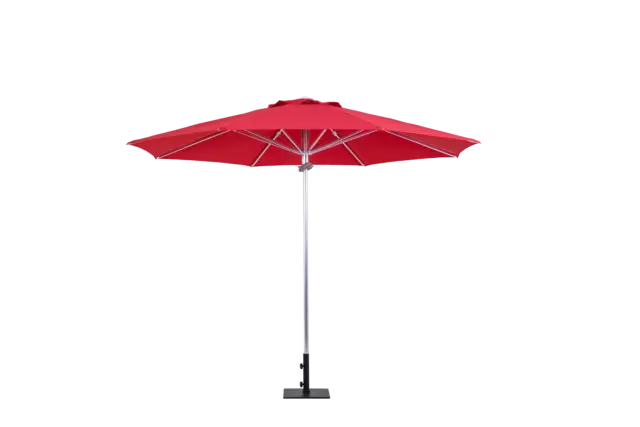 A full view of the open red Bossa Nova center-pole market umbrella with its silver pole and a sturdy, flat black freestanding base.