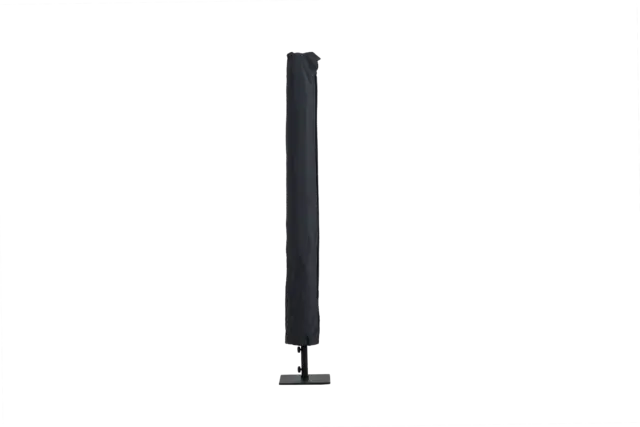 A closed Bossa Nova center-pole market umbrella fully enclosed in its black protective cover, standing on a black square base.