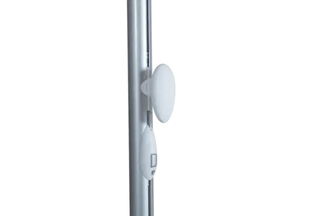 Detailed side view of the user-friendly push-button tilt mechanism on the aluminum pole of the Easy Life I market umbrella.