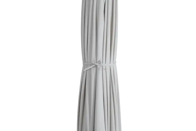 The closed canopy of the Easy Life I patio umbrella is shown neatly secured with its matching fabric tie-strap and bow.