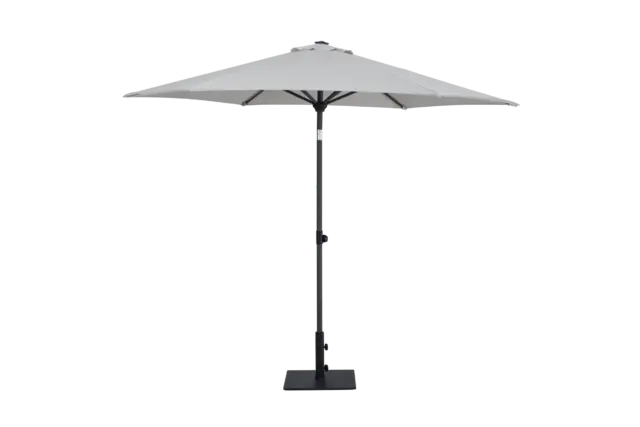 Full view of the Easy life II center pole market umbrella, fully open with its light grey hexagonal canopy and dark grey pole and base.
