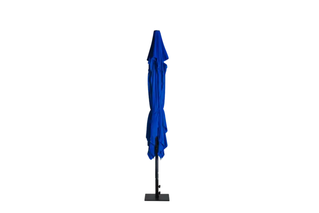 The royal blue Luciano commercial umbrella shown in its fully closed and collapsed position, highlighting its slim profile for easy storage.
