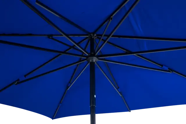 A detailed close-up looking up into the durable hub and heavy-duty rib assembly of the open blue Luciano outdoor umbrella, showing its strong construction.