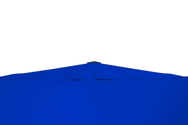 A close-up view of the sleek, weather-resistant finial at the very top of the royal blue Luciano commercial outdoor umbrella.