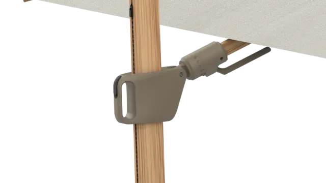 A close-up of the sliding handle and multi-angle tilt mechanism on the mast of the Lycabattus side-post umbrella.