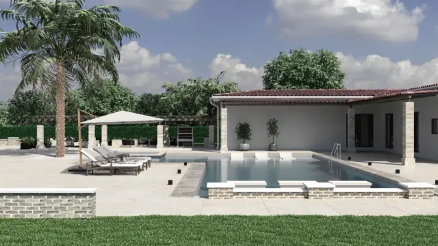The large, square Lycabattus cantilever umbrella providing shade over lounge chairs next to a modern swimming pool and patio.
