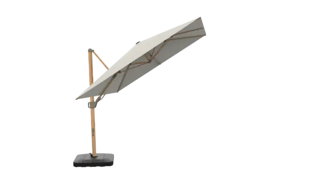 The Lycabattus cantilever umbrella demonstrating its full tilt capability, angling the canopy to provide optimal shade against the sun.