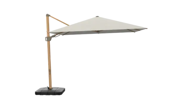 A side profile of the Lycabattus commercial offset umbrella, fully extended with a light wood-finish frame and a stable black base.