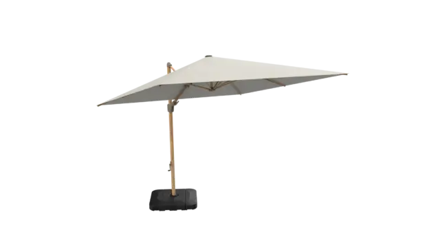 A full view of the Lycabattus cantilever umbrella with its square, off-white canopy open, showcasing its elegant design.