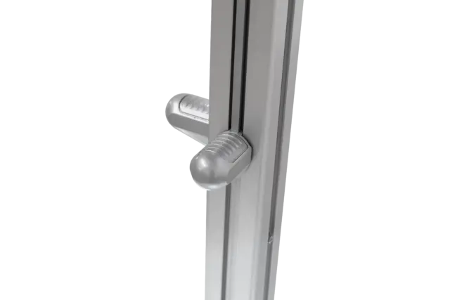 A detailed shot of one of the polished metal components or joints on the main pole of the M2 Maximus umbrella.