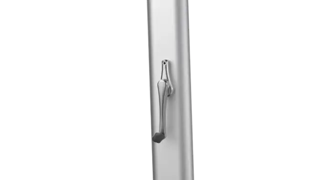 A detailed view of the sleek, ergonomic crank handle integrated into the silver mast of the Mass side-post umbrella, used for smoothly opening and closing the canopy.