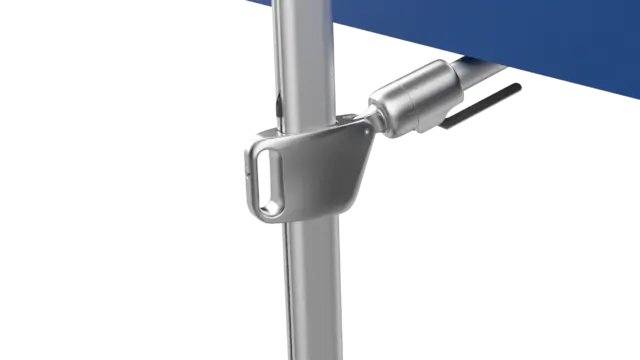 A close-up detail of the polished silver locking mechanism and handle on the main mast of the Mass cantilever umbrella, designed for easy height and angle adjustments.