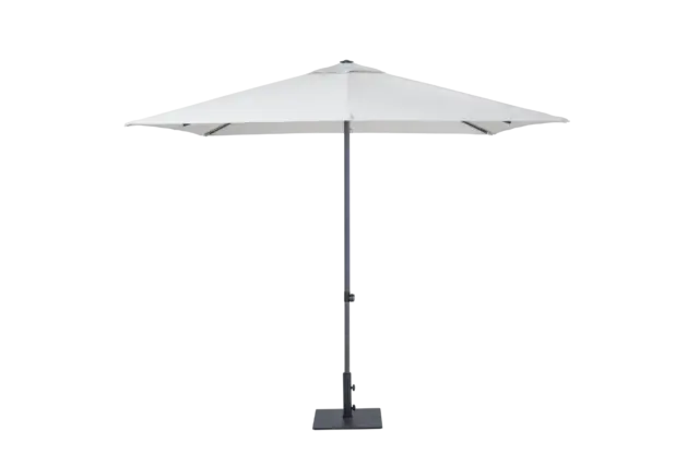 A front-facing view of the fully opened Lyon square center pole umbrella, showcasing its clean, modern aesthetic with a light-colored canopy and contrasting dark frame.