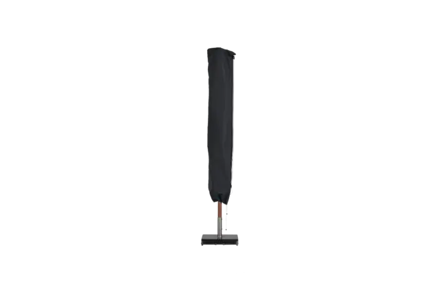 A closed Piazza center pole square market umbrella with a navy fabric canopy tied, featuring a wood-tone pole and a black square base.