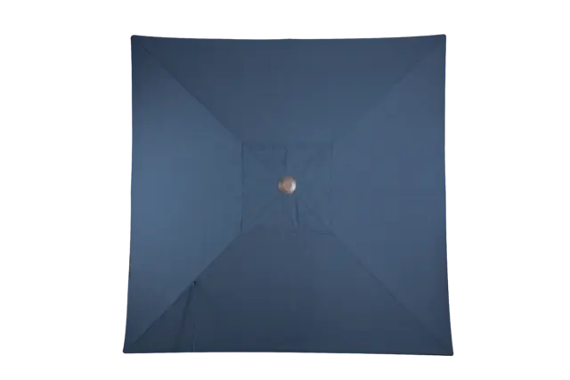 Top-down view of the square navy fabric canopy of the Piazza center pole market umbrella, showing its symmetrical design.