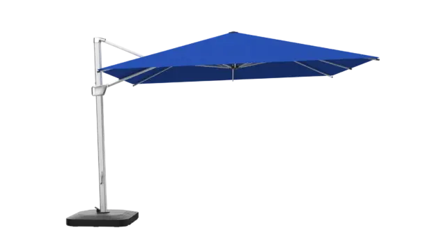 A studio shot of the Tevere cantilever umbrella with a vibrant blue square canopy and a silver side-post frame, shown against a plain background.