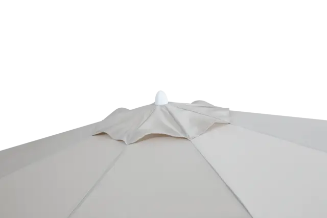 A top-down view of the Easy Life I center pole umbrella's canopy, focusing on the white finial and the wind vent designed for stability.