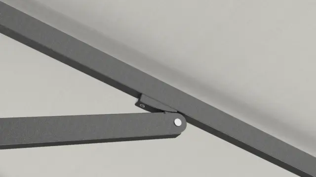 A detailed shot of the joint where the horizontal arm connects to the vertical pole of the V1X cantilever umbrella, highlighting its sturdy construction.