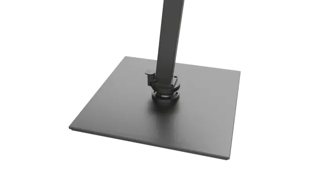 A close-up view of the sturdy, square flat base plate of the V1X cantilever umbrella, designed for stability.