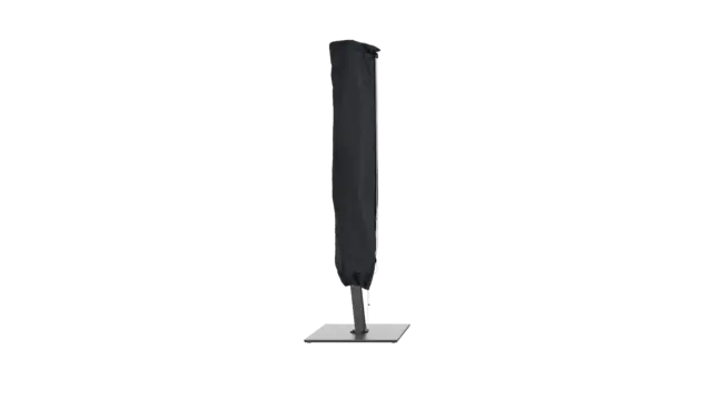 The V1X cantilever umbrella in a fully folded and secured position, protected by a dark fitted cover, standing on its base.